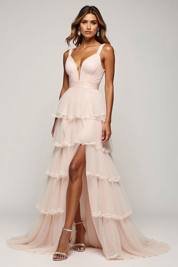 Candy Pink Robe de bal en tulle à plusieurs niveaux à col en V